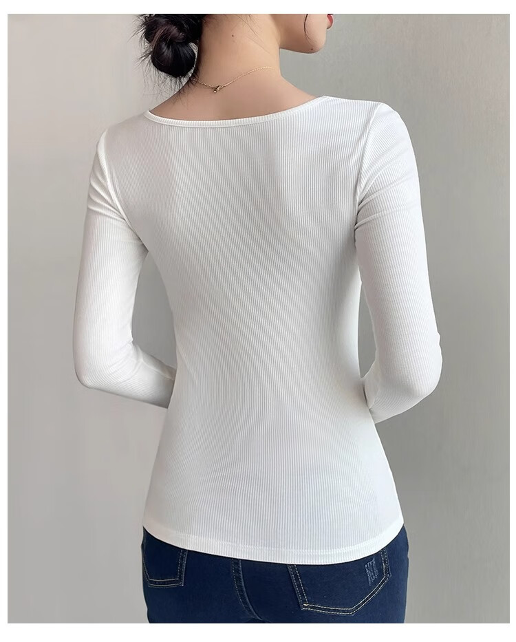 NOME Square Neck Ribbed Long Sleeve T-Shirt for Women, Autumn New Style Design Waist-Cinching Slimming Inner Layer Top, Black, M 16