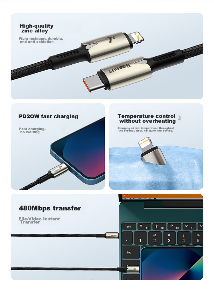 Baseus Apple Data Cable, PD Fast Charging Cable, 20W Charging Cable, Suitable for IPhone14/13/12ProMax/xs Phones, Car Charger with Night Light, Braided Extended, 2 Meters Black 5