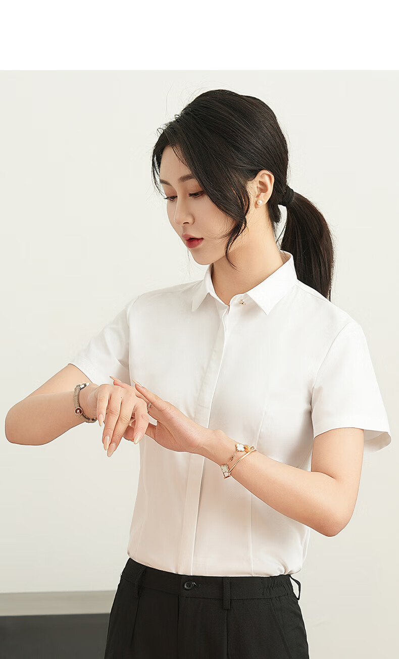 ROMON Cotton Short-Sleeve Shirt for Women, Business Casual Professional Formal Wear, Slim Fit Work Uniform Commuter White Blouse Women's Clothing 10