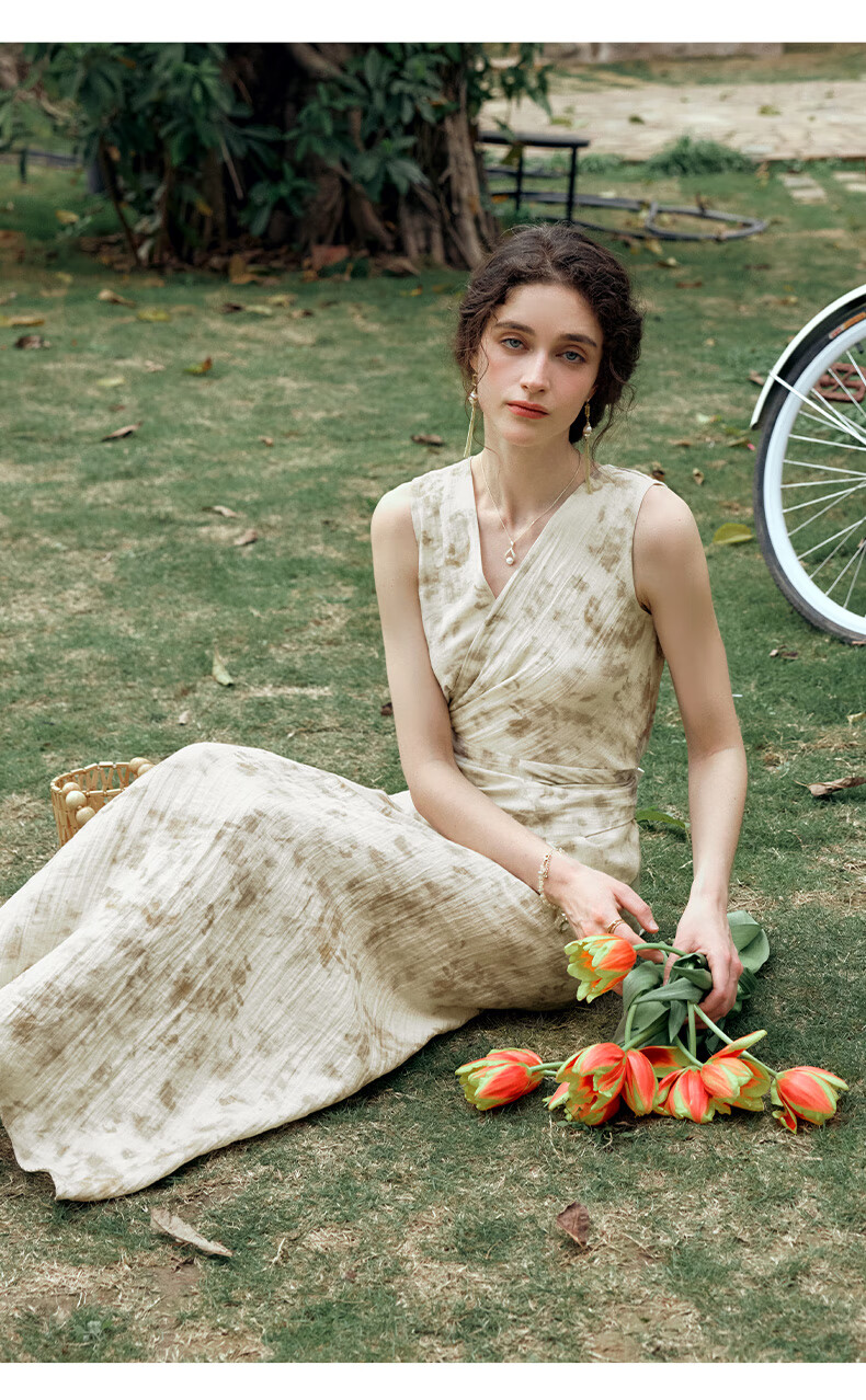 Olrain French Style Apricot Dress Women Summer Waist Slim Floral Mid-Length Dress Apricot L 10