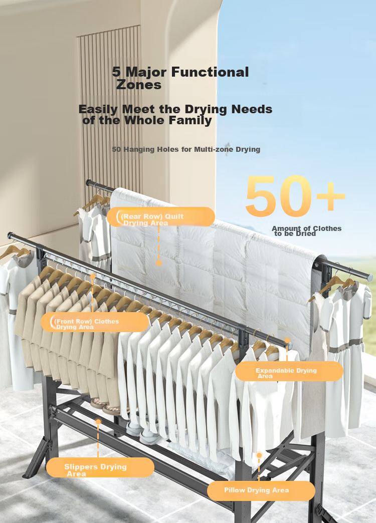 JD Original Floor Folding Double-Pole Clothes Drying Rack, Adjustable Aluminum Alloy Retractable Clothes Hanger for Outdoor Balcony And Bedding Drying 4