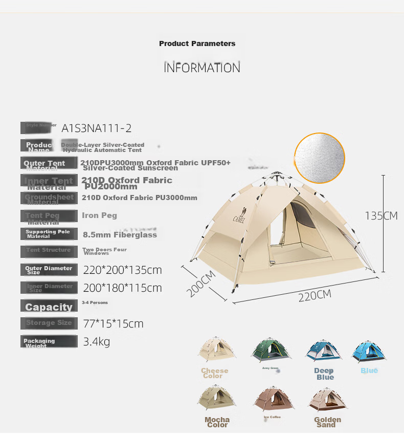 CAMEL Outdoor Tent, Portable Silver-Coated, Automatic Quick-Open, Sun Protection, Rain Protection, Camping Equipment, A1S3NA111-2, Sand Gold 10