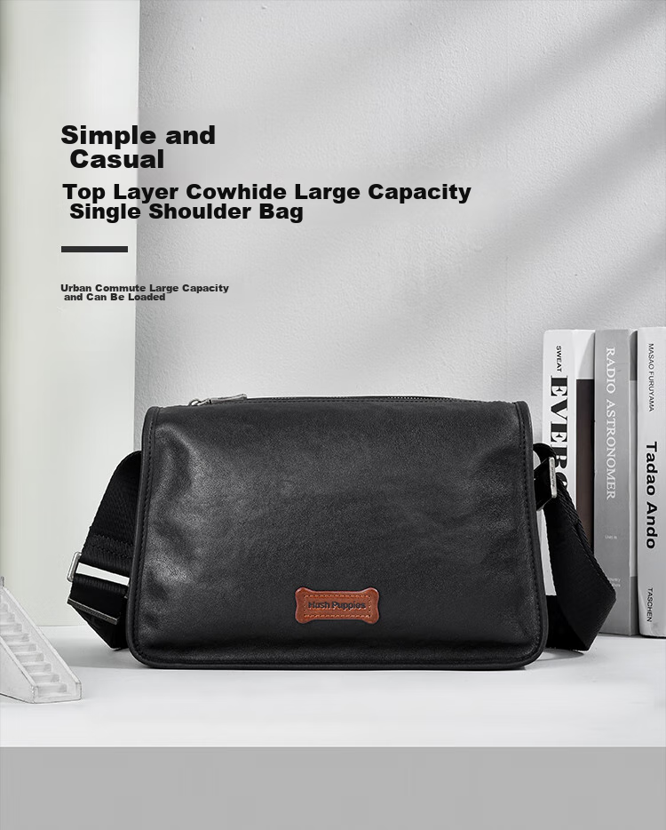 Hush Puppies Shoulder Bag for Men, Top-Grain Leather Business Commute Crossbody Bag, Large Capacity Simple Sling Bag, Birthday Gift 1