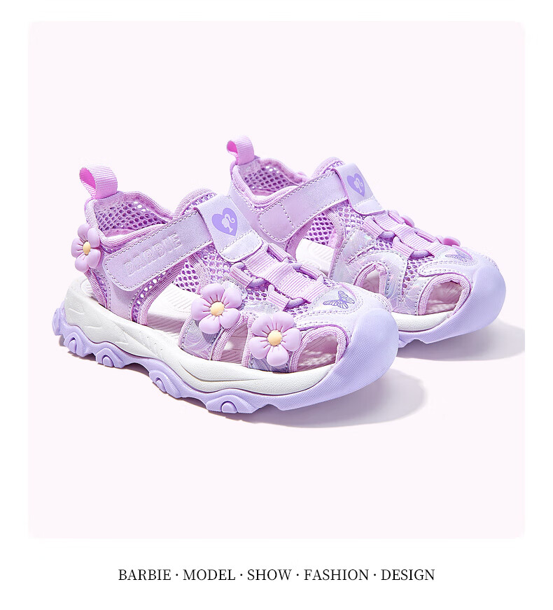 Barbie Children's Sandals, Summer Kids' Sandals with Small Floral Decoration, Closed-Toe Beach Sandals for Girls, DA5920, Light Purple, Size 28 3