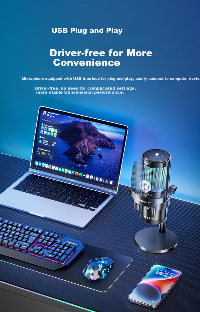 Haomuren Computer Microphone, Gaming And E-Sports Dedicated Noise-Cancelling Professional Sound Card, Live Streaming Condenser Karaoke Recording, Anchor Voice-Over Equipment, Microphone, Desktop, Laptop, Mobile Phone, USB Wired 15