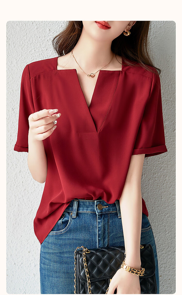 Dme [Work Outfit] Summer New French Elegant V-Neck Shirt, Skin-Friendly Cool Smooth Slimming Blouse, Women's Top 3