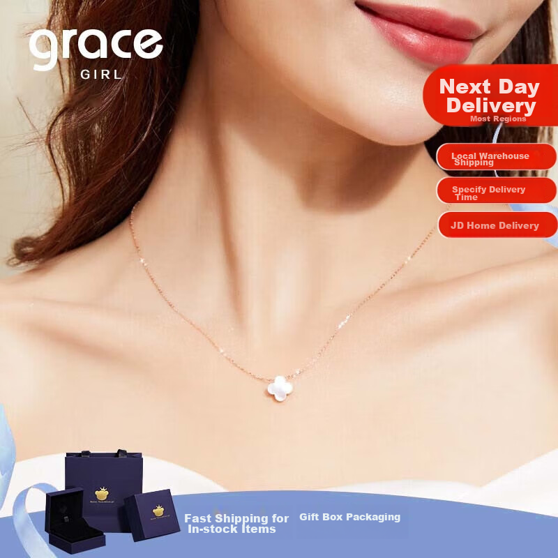 Grace Girl Diamond Four-Leaf Clover Double-Sided Necklace for Women, Fresh Rose Gold Collarbone Chain Jewelry, Birthday Gift for Girlfriend