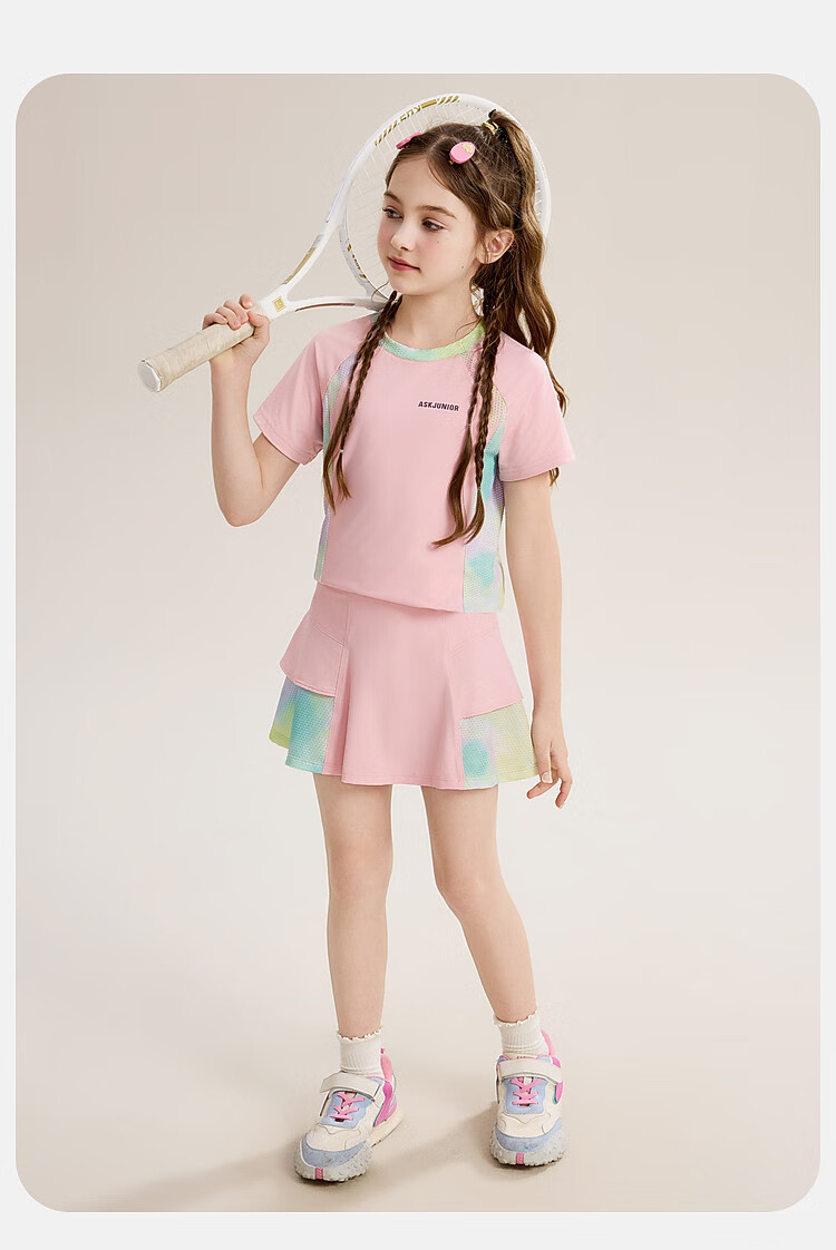 ASK JUNIOR Girls' Sports Set, Summer New Style, Lightweight Breathable Quick-Dry Short-Sleeve Top + Skirt, Ice-Cool Two-Piece Tennis Outfit 15