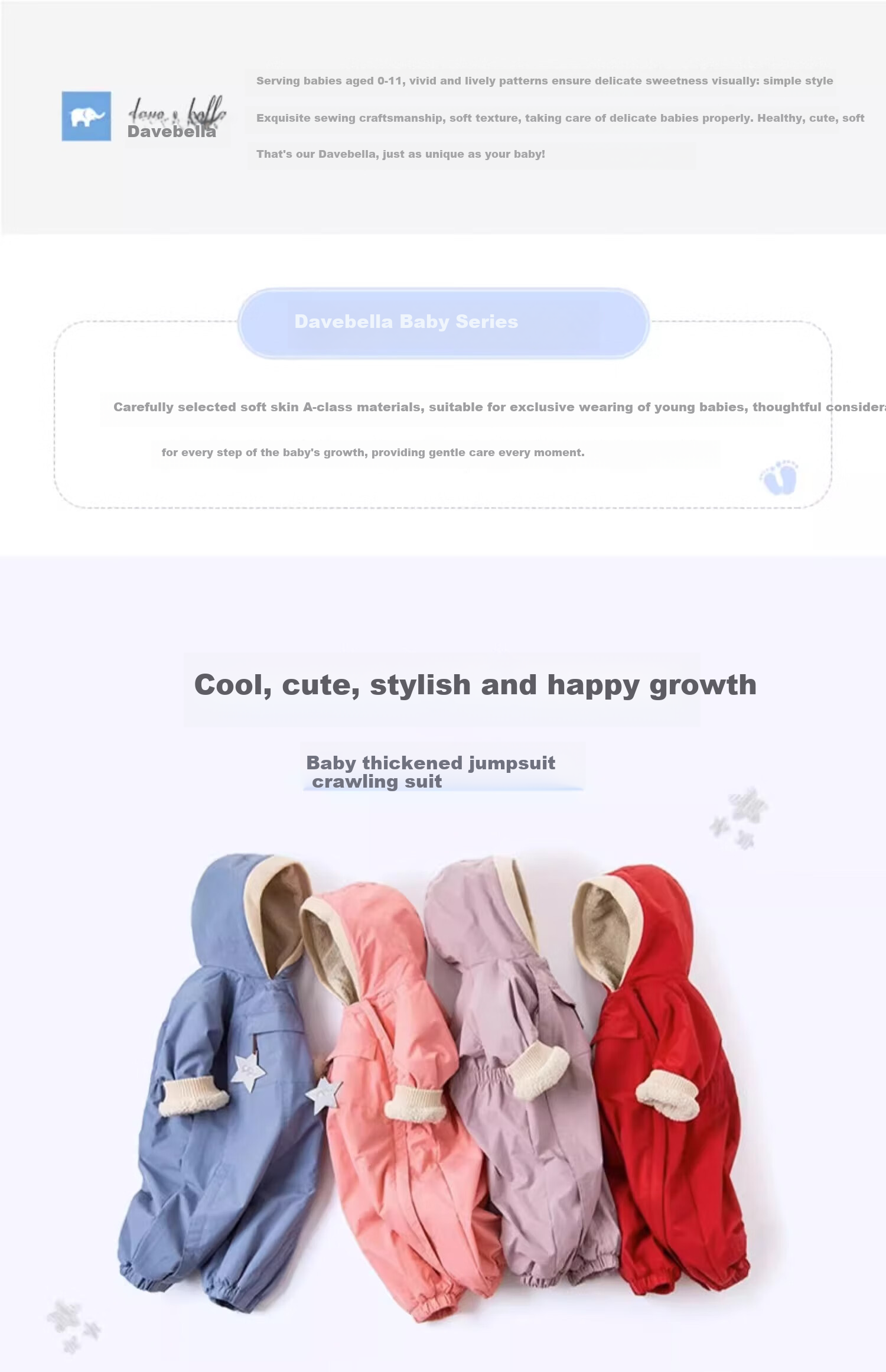 DAVE & BELLA [Same As in Mall] Winter Baby Clothes Fleece-Lined Thickened Onesie for Baby Boys And Girls 1