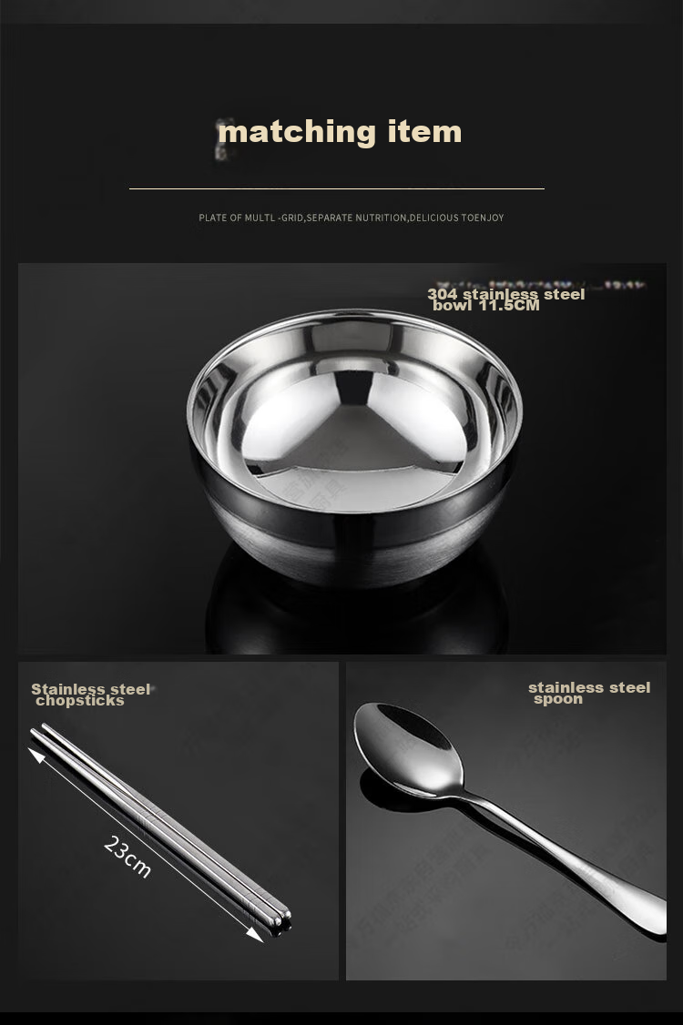 Jinwanfu Stainless Steel Divided Plate, School Canteen Dining Tray, 304 Stainless Steel Compartment Plate, 1.0mm Thick, 450g, Large Six Compartments 6