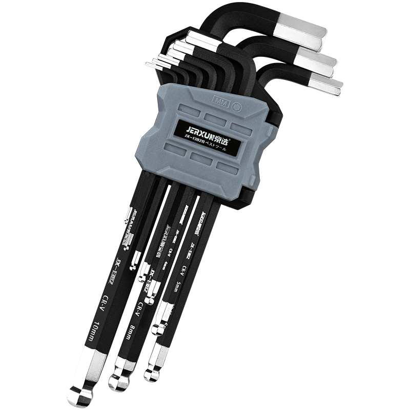 JERXUN Ball-End Hexagonal Black Plastic Mirror Wrench Set of 9 Pieces, L-Shaped Flat Head Extra Long Extended Metric Hex Screwdriver