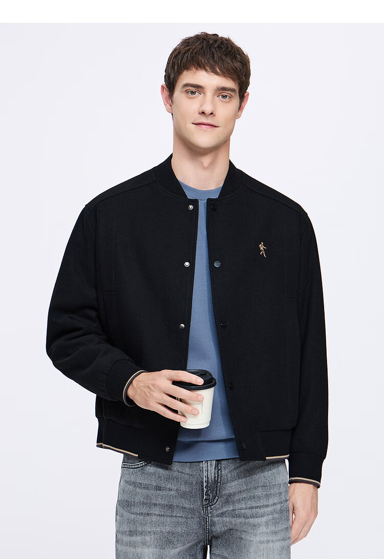 DANCING WOLVES Black Gold Goose Down & Wool Woolen Jacket Warm Baseball Collar Down Coat 001 Black L 2
