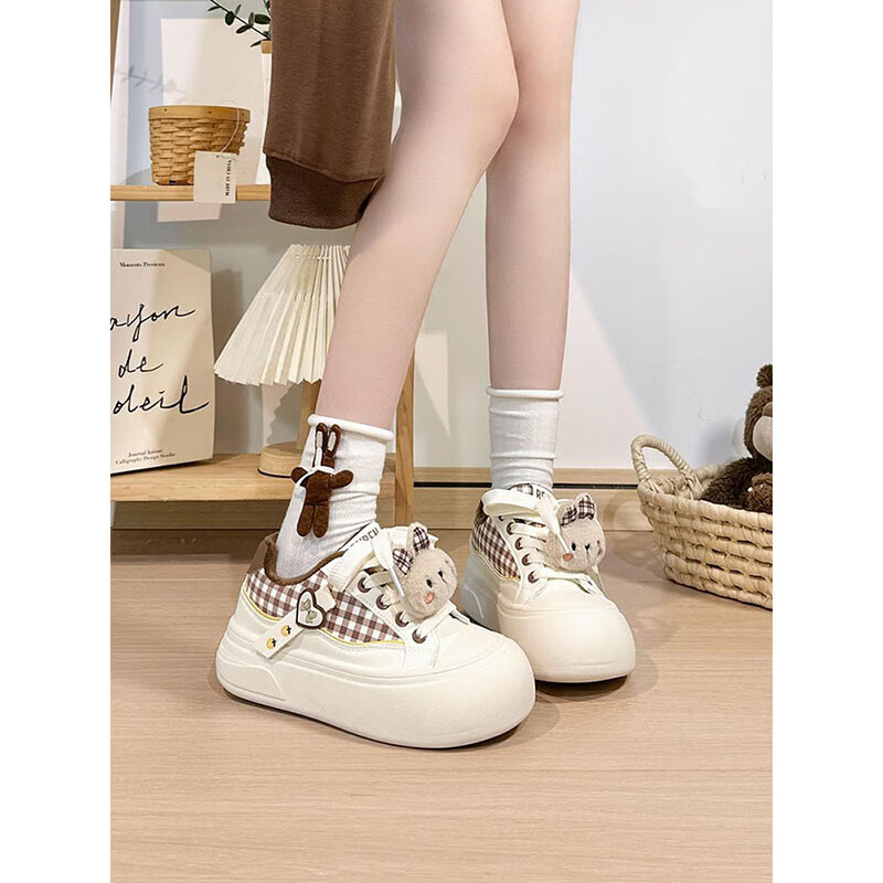 Renben Fleece-Lined Women's Cartoon White Shoes Winter New Cotton Shoes Thick Sole Casual Shoes Khaki Cotton Shoes Size 37