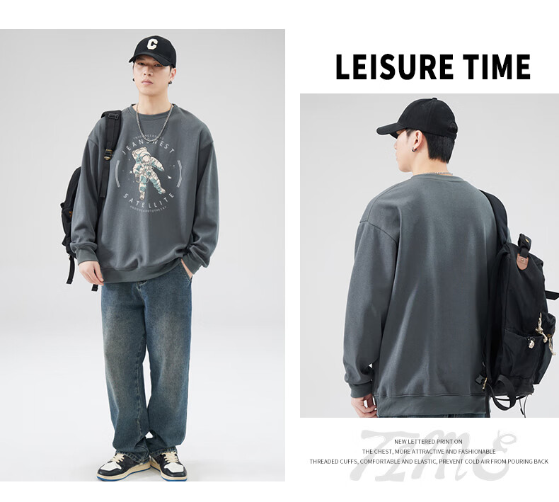 Jeanswest Sweatshirt, Men's Round Neck, Trendy Brand, 2026 Autumn Top, Fashionable Loose Pullover, Men's Jacket, Black, XL 13