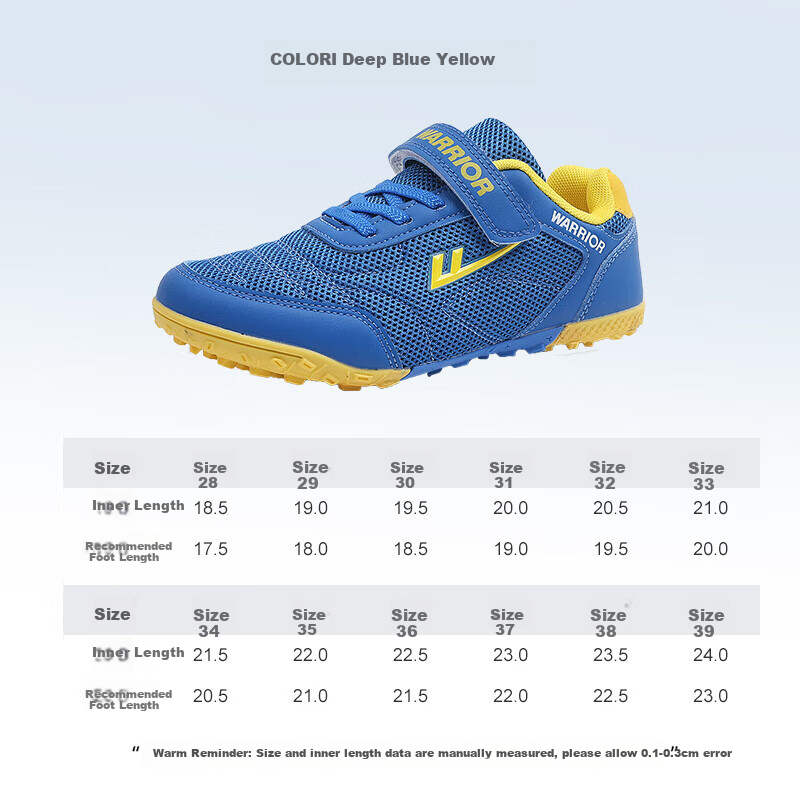 Warrior Children's Boys' Molded Cleats, Youth Competition Soccer Training Shoes, Velcro Sports Cleats, WZ-B596T, Navy Blue And Yellow, Size 31