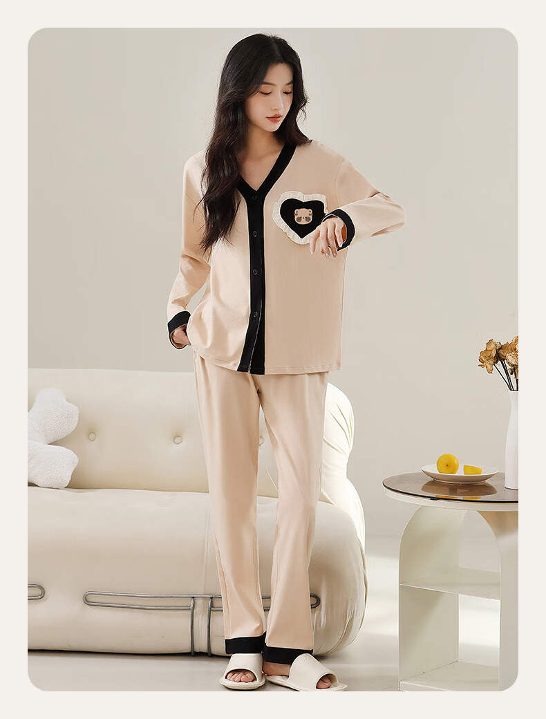 Yiershuang [100% Pure Cotton] Women's Pajamas, Spring And Summer Long-Sleeve V-Neck Cardigan, Printed Loungewear Set, Loose-Fitting for Outdoor Wear 11