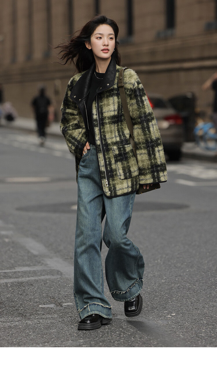 Dme [Vintage Elegant Top] Eye-Catching Plaid Green Relaxed Faux Shearling Jacket for Wome 10