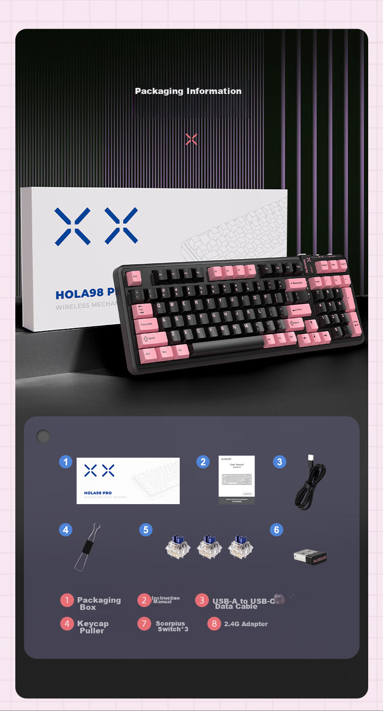 AUSDOM 98Pro Silent Wireless Mechanical Keyboard, Gaming And Office Use, Three-Mode Bluetooth Wired Customizable Keyboard, Low Latency Full Anti-Ghosting Gasket Structure, 98 Keys - Black And White 16