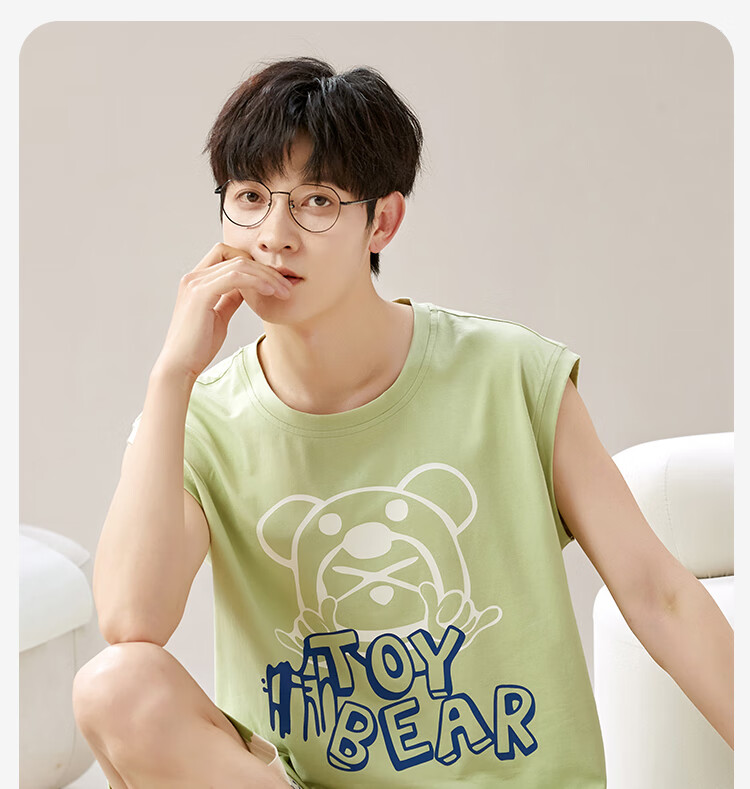 MiiOW [Anti-Mite Antibacterial Pure Cotton] Men's Pajamas, Stylish Pullover T-Shirt Loungewear Set, Green, XL 7
