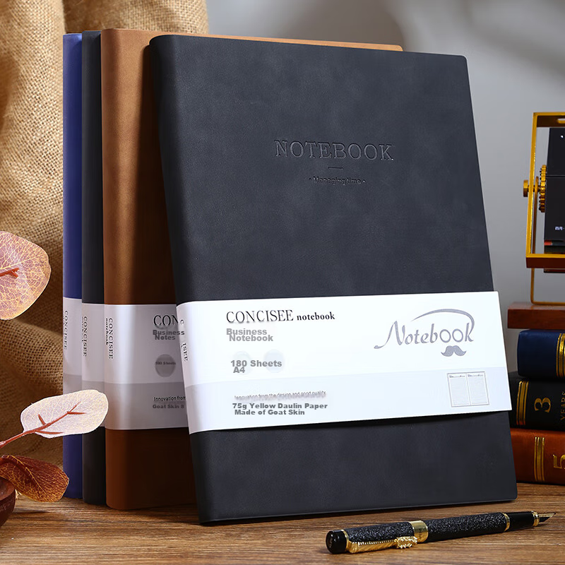 Faramon A4 Notebook, 360 Pages, Business Notepad, Thick Leather Cover Journal, Vintage Office Stationery, Diary, Meeting Minutes Book, Black