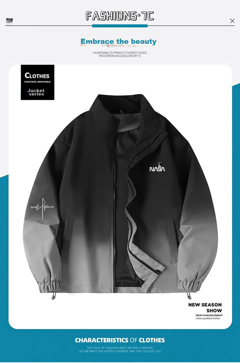 NASA MARVEL Men's Jacket, Spring And Autumn American-Style Stand Collar, Trendy Comfortable Gradient Casual Loose Couple Outfit, Black, 2XL 4