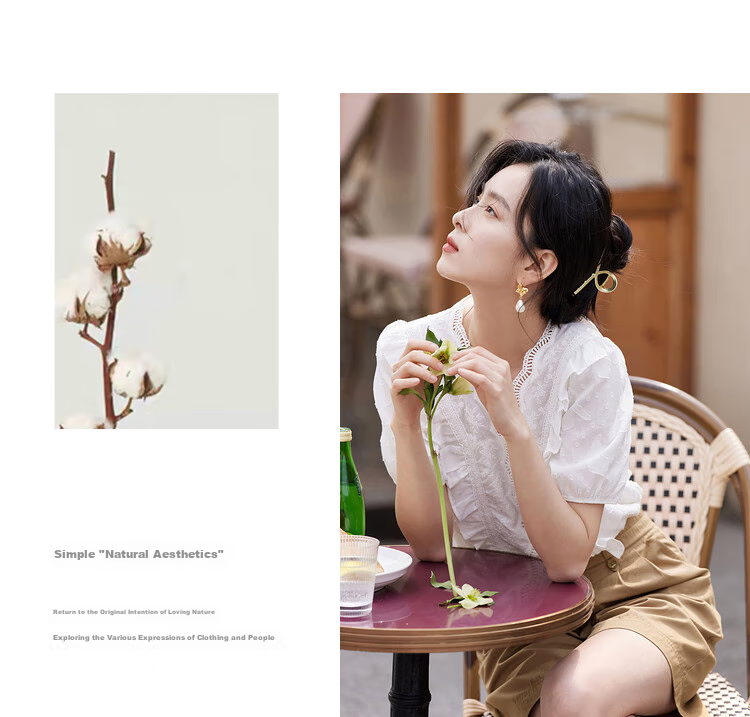 INMAN INMAN Lace Pure Color V-Neck Blouse, 2026 Summer New Arrival, Puff Sleeve Short-Sleeve Top, Pearl White, XL 39