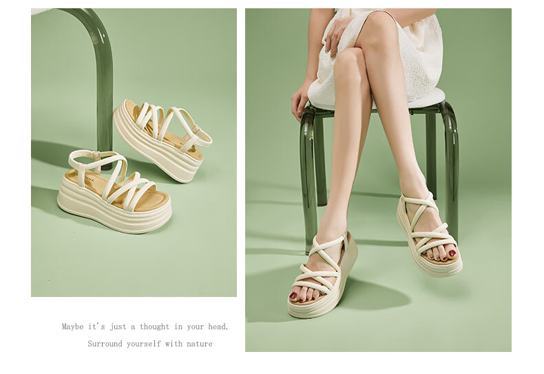 DAPHNE Casual Beach Sandals for Women, Fashionable Thick-Soled Platform Shoes, High-Heeled Soft-Bottom Versatile Slimming Women's Shoes, Beige, Size 37 10