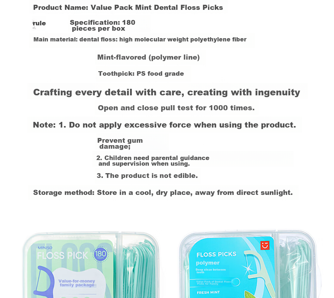 MINISO Value Family Pack Fine Smooth Dental Floss Picks for Cleaning Teeth Gaps, 180 Pieces * 2 Boxes 13