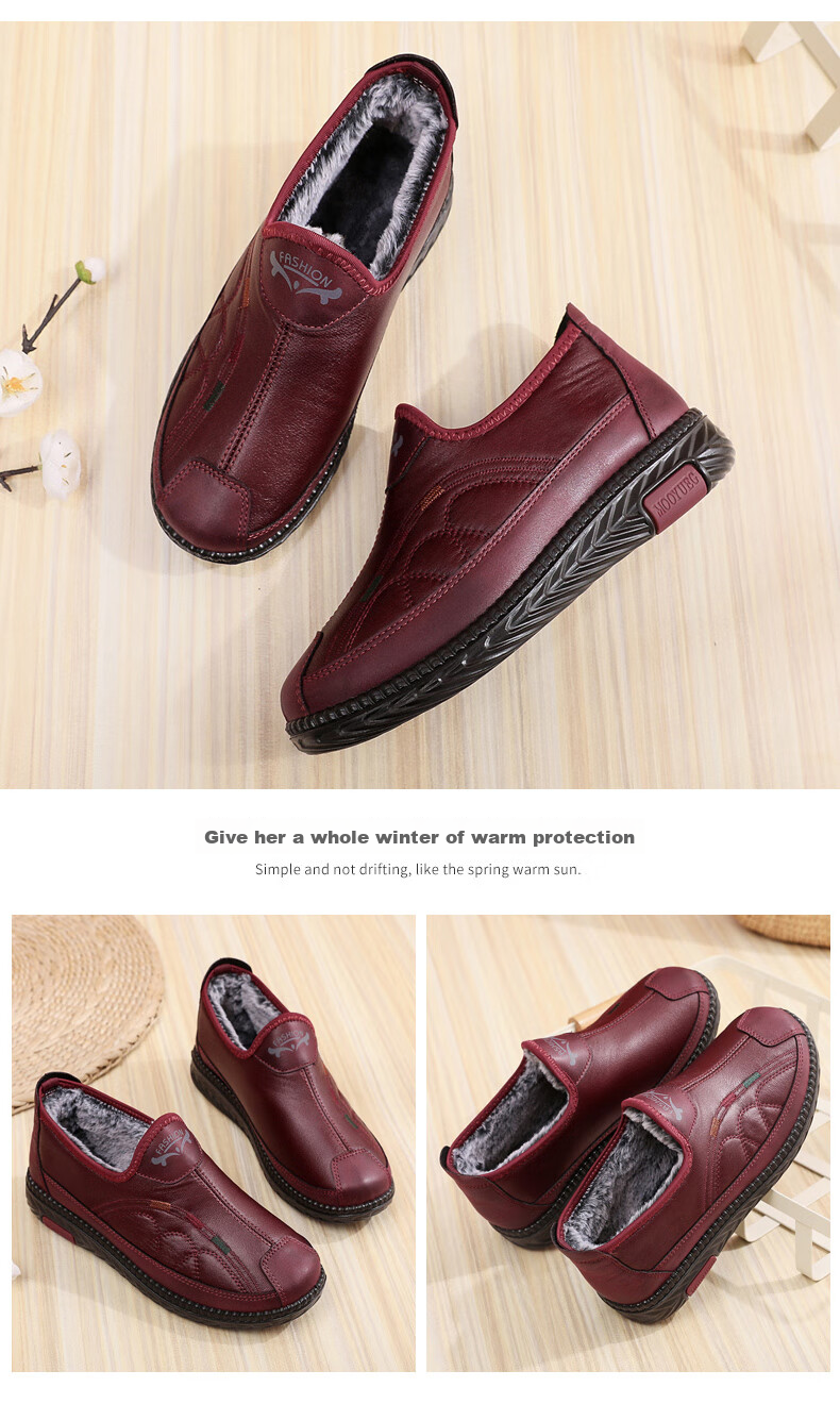 Ankang Old Beijing Cloth Shoes for Women, Winter Fleece-Lined Warm Middle-Aged And Elderly Mom Cotton Shoes Soft Sole 78977 Red 35 14