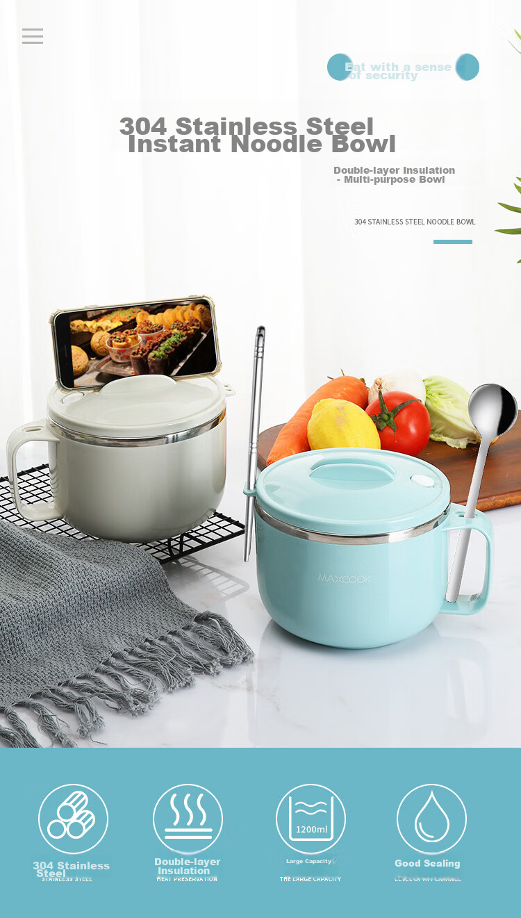 MAXCOOK 304 Stainless Steel Ramen Bowl, Student Lunch Box, Meal Cup, Noodle Cup 1200ML, Avocado Green MCFT0087 1