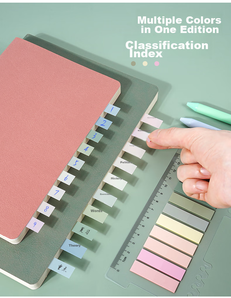 SIMAA 1200 Sheets 4-Color Sticky Notes with Dividers, Memo Pads, 76*19mm, Reusable Notes, 3 Packs, Student Message Pad 3