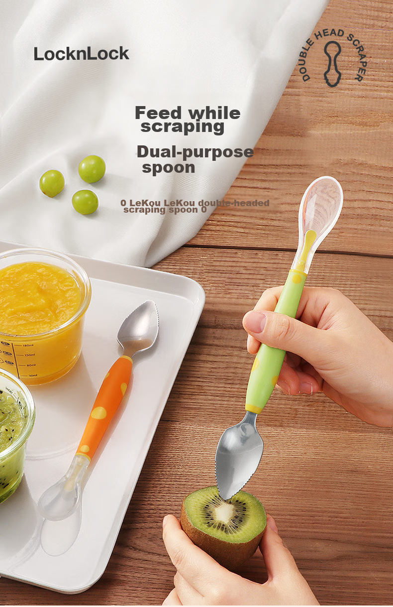 LOCK&LOCK Double-Ended Food Scraper Spoon for Children, Baby Fruit Puree Spoon, Silicone Soft Spoon for Toddlers, Newborn Fruit Spoo 1