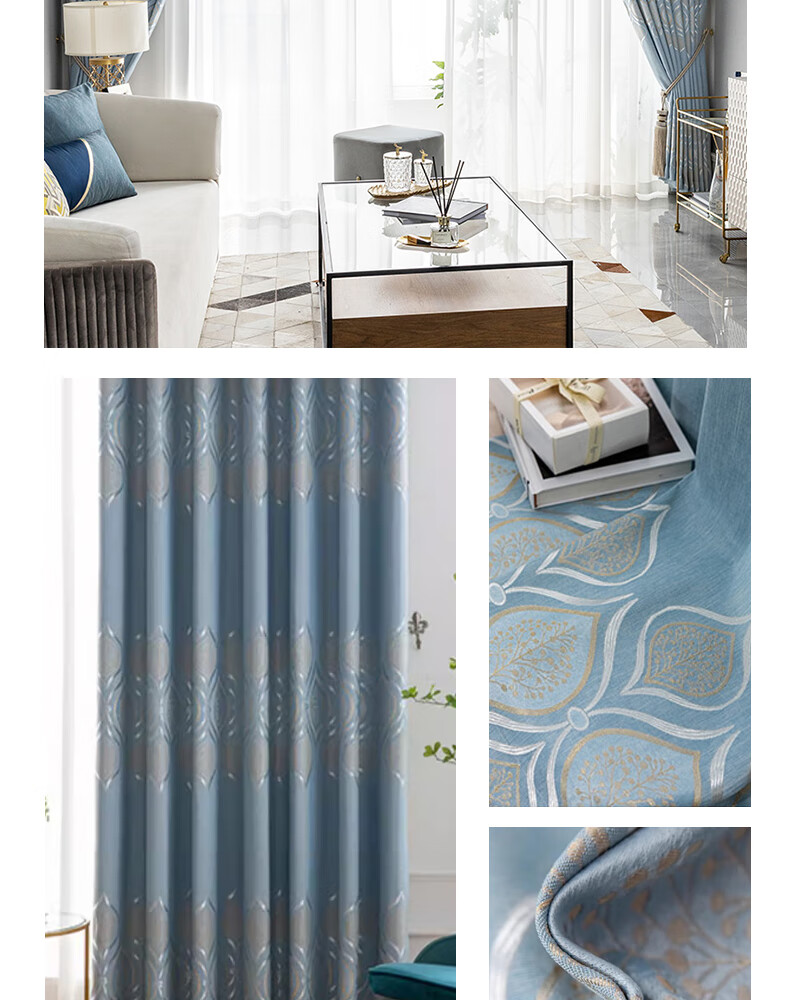 Ali Living Room Bedroom Blackout Curtains, Bamboo Cotton Jacquard Blue Hook Style, 2.0m Wide * 2.2m High Single Panel 12