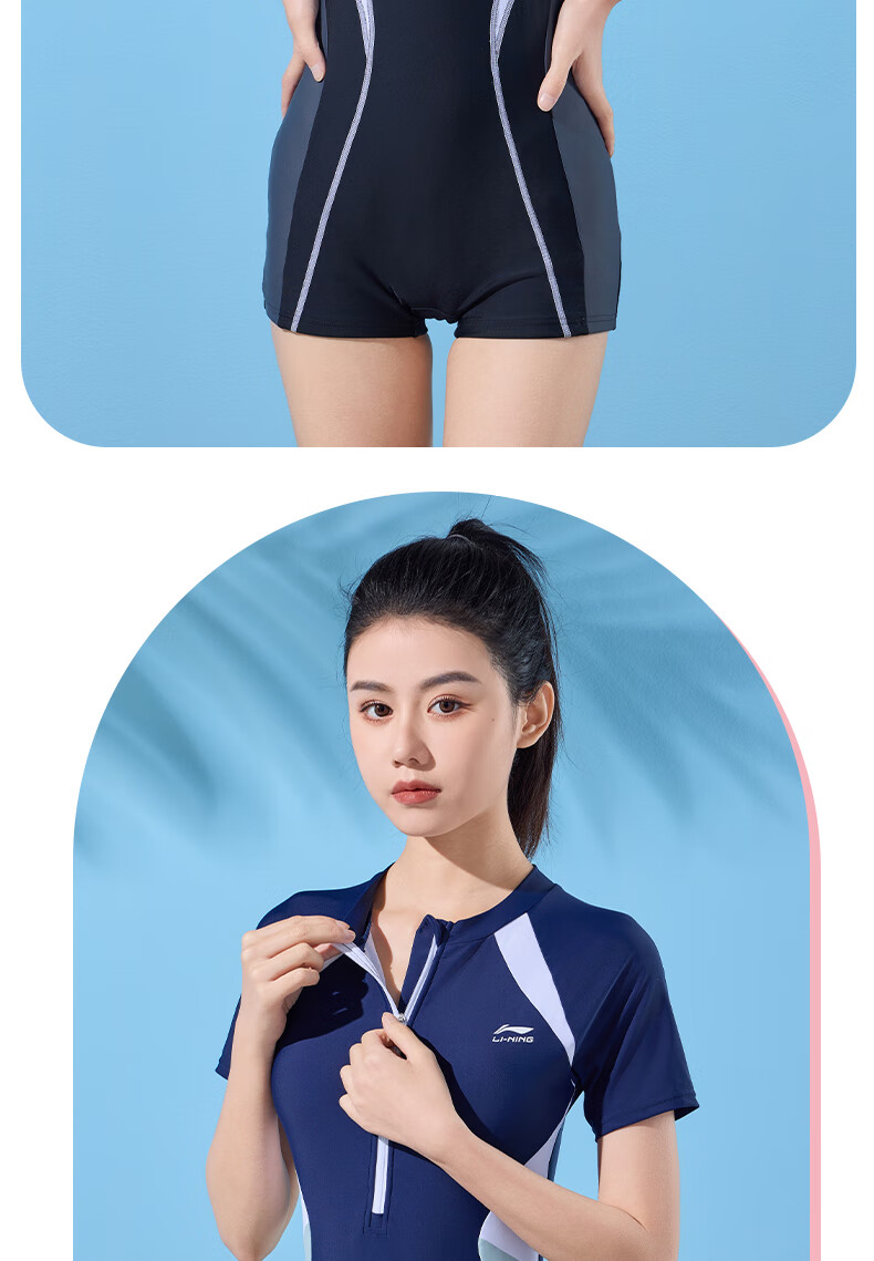 Li-Ning Women's Professional One-Piece Conservative Boyshort Swimsuit, Tummy-Covering Slimming Casual Training Hot Spring Swimwear 514 Navy Blue 3XL 16