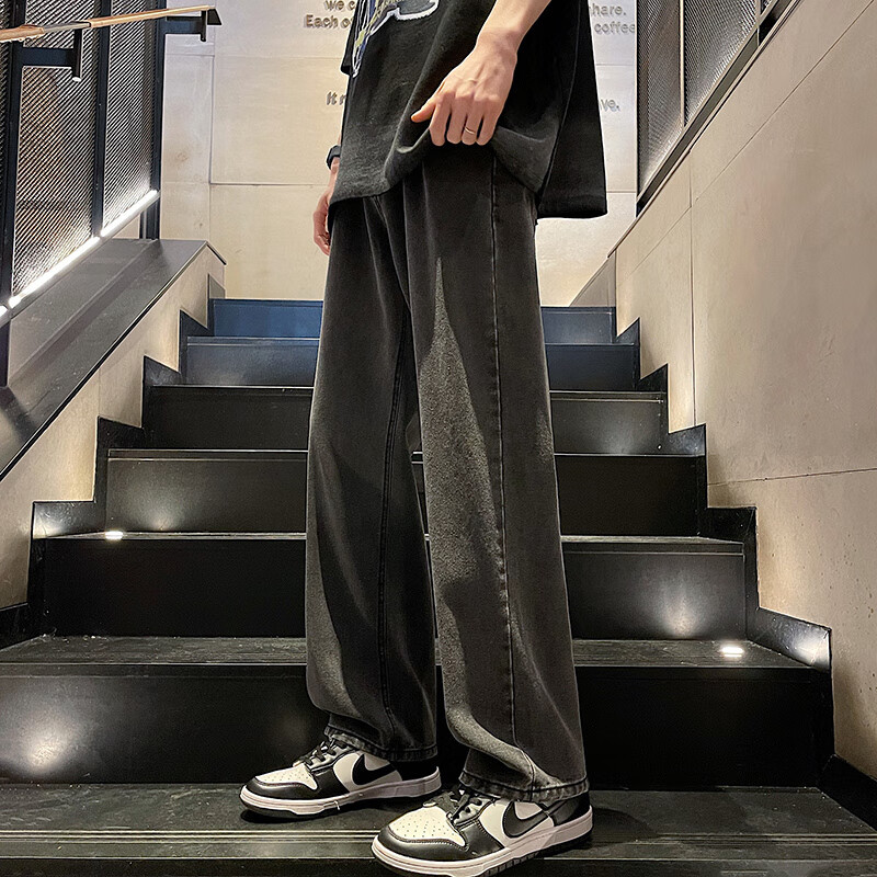 POUM American-Style High Street Jeans for Men, Spring And Summer Trendy Retro Casual Pants K221 Smoke Gray L