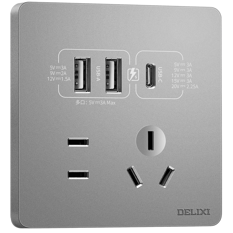 DELIXI Switch Socket Panel CD821 Series 86-Type 45W Fast Charging Socket with Five Holes And USB+Type-C