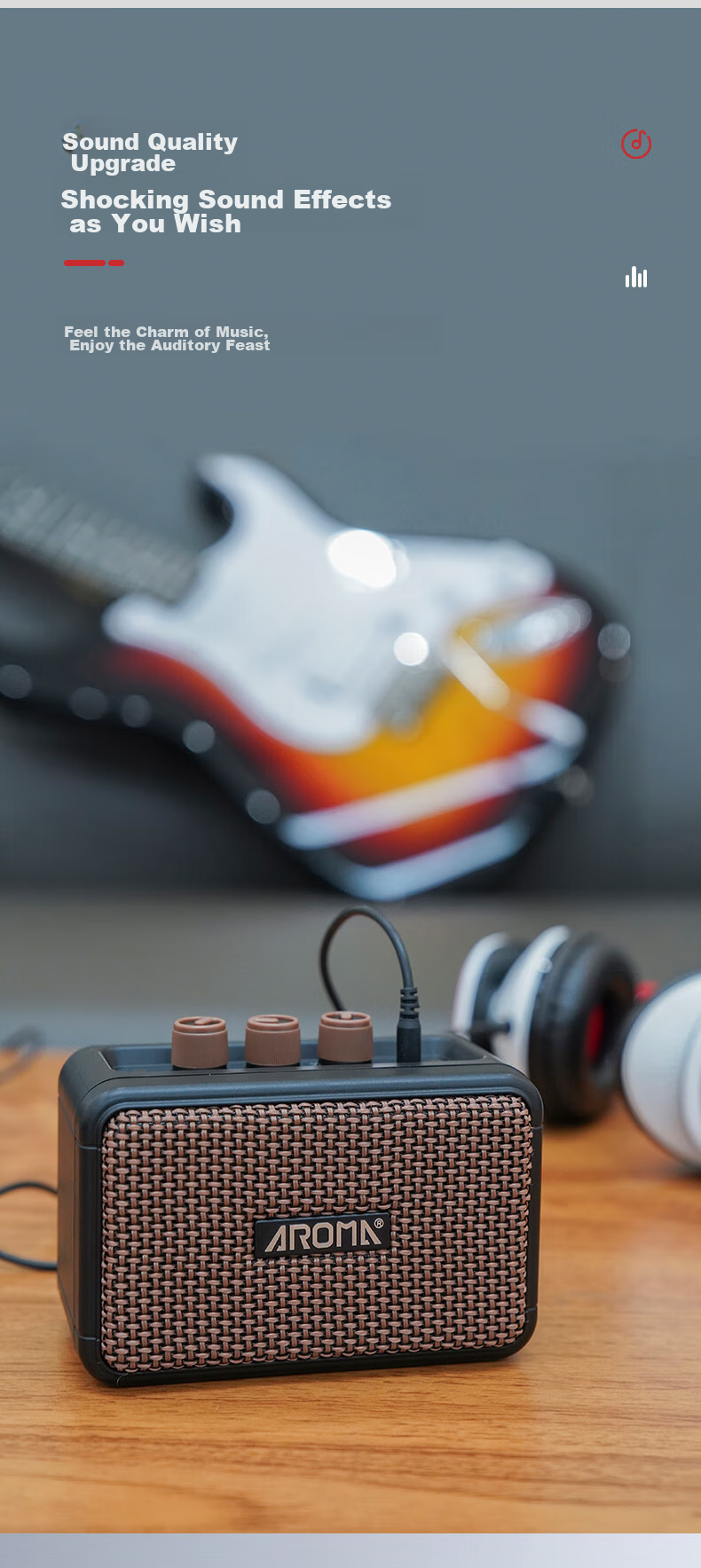 AROMA Electric Guitar Mini Speaker, Bluetooth Rechargeable Outdoor Portable Musical Instrument Smart Speaker AG-04 5