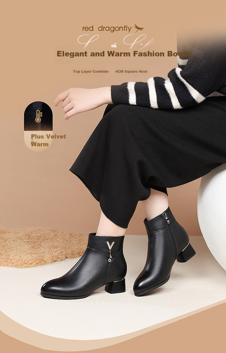 RED DRAGONFLY Short Boots, Fashionable Shoes with Fleece Lining, Warm Mom Shoes, Versatile Commuter Style, Chunky Heel, Height-Increasing, WLC445181C, Black, Size 40 1