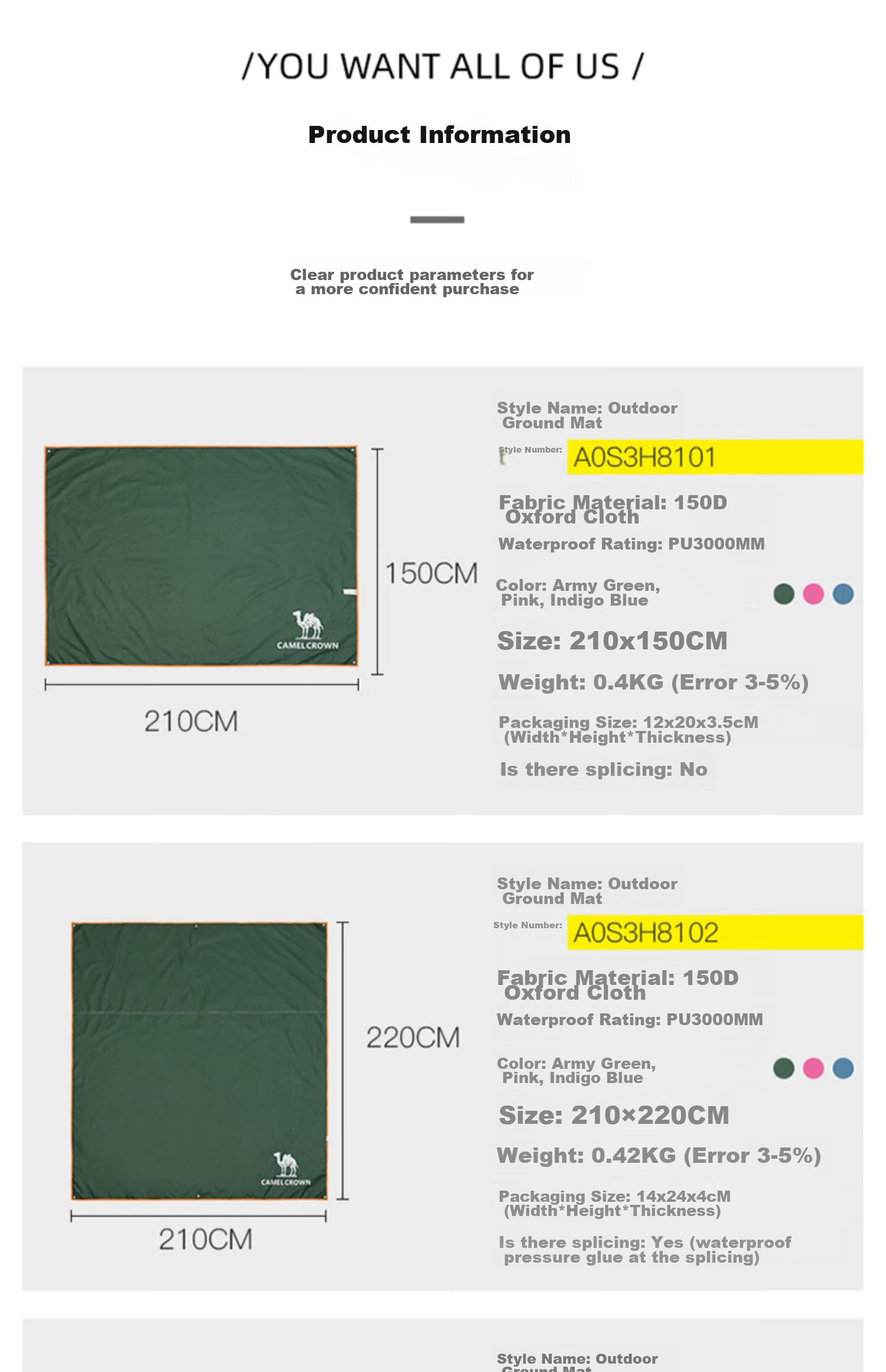 CAMEL Outdoor Ground Mat Tent Camping Pad, Thickened Waterproof Wear-Resistant Picnic Mat, Moisture-Proof Floor Mat A0S3H8103 Army Gree 6