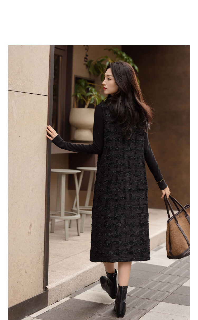 Demana Intelligent Little Black Dress Winter Simple Round Neck Shiny Sleeveless Pleated Decorative Button A-Line Women's Vest Dress 1