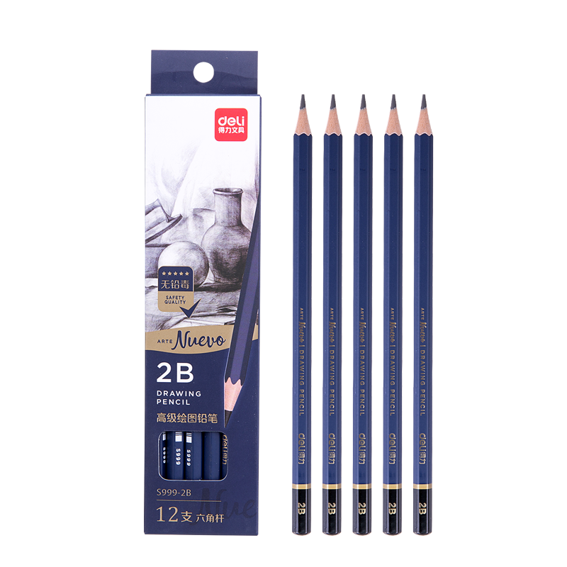 Deli Premium Drawing Pencils, 12 Pieces, 2B Sketching Pencils, Hexagonal Shaft Writing Black Pencils for Students, Art Sketching Engineering Drafting Pencils, Specialized for Beginners, Back-To Stationery