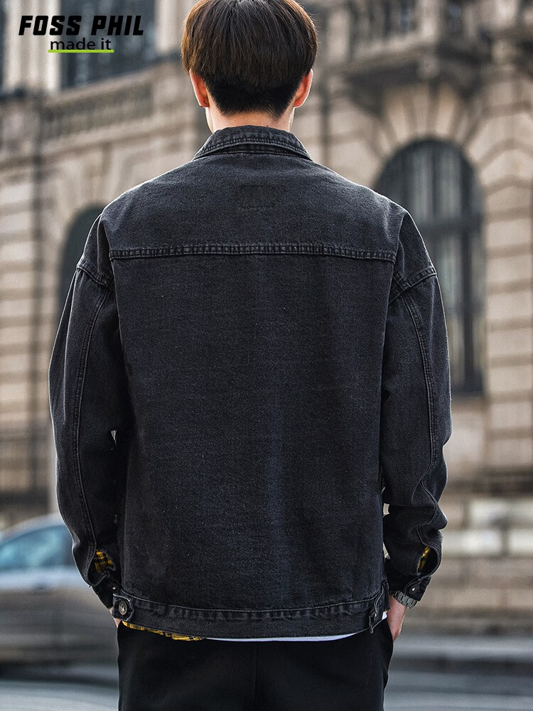 Foss Phil Men's Denim Jacket, Spring And Autumn Casual Retro Trendy Loose Fit Hong Kong Style Workwear Jacket Top FPJK4 Black XL 21