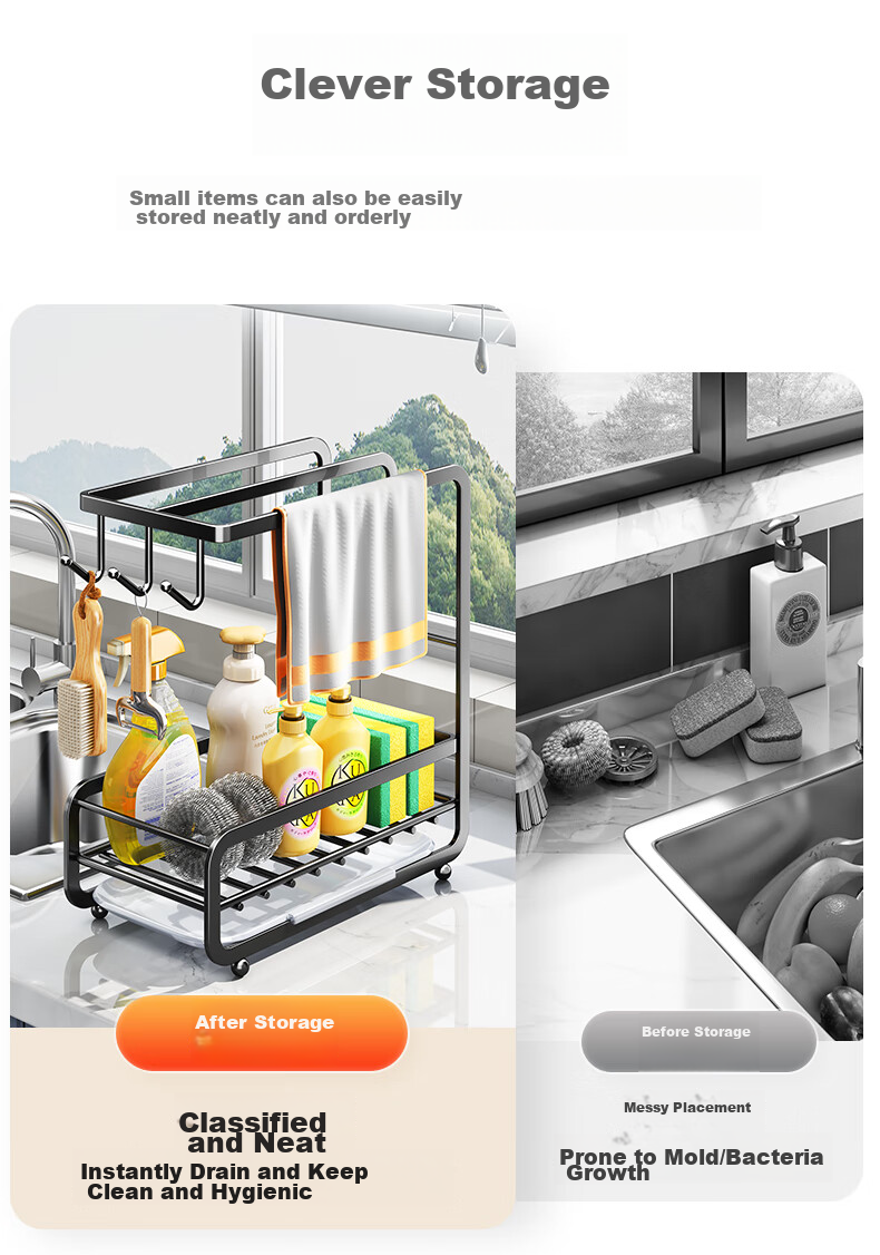 Shuaishi Stainless Steel Kitchen Towel Rack Draining Rack No-Drill Dishcloth Holder Sink Sponge Storage Shelf 3