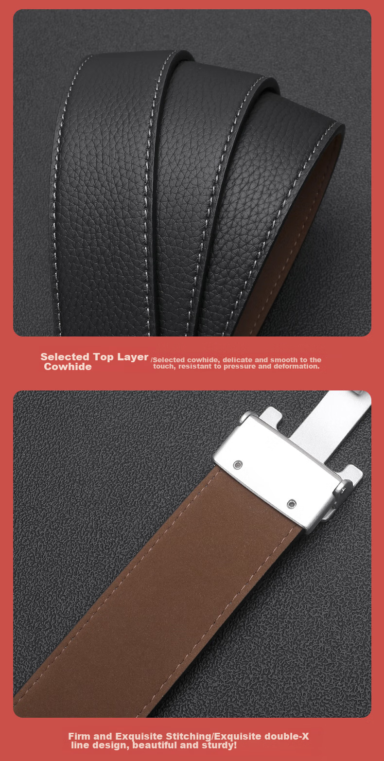 ELLE HOMME Men's Top-Grain Leather Belt, Luxury 304 Stainless Steel Buckle Automatic Waist Belt Trouser Belt, Birthday Gift for Me 5