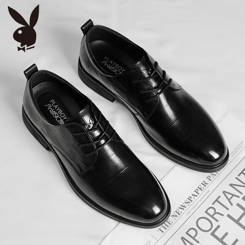 PLAYBOY Leather Shoes for Men, Spring/summer 2026 British Business Casual Shoes, Top-Grain Cowhide Formal Shoes, Black, Size 44