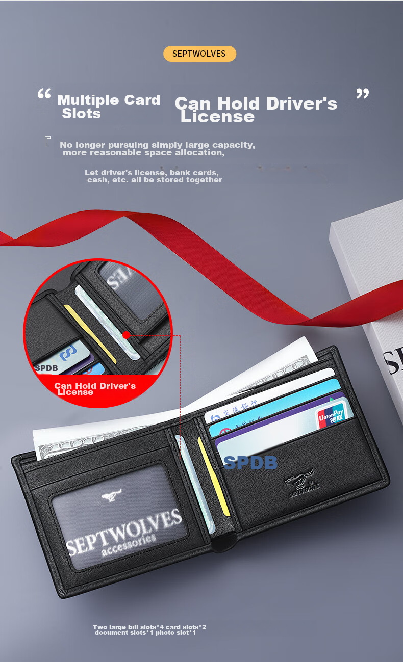SEPTWOLVES Men's Top-Grain Leather Short Wallet, ID Holder, Card Holder, Birthday Gift Box for Husband, Boyfriend, Father 4