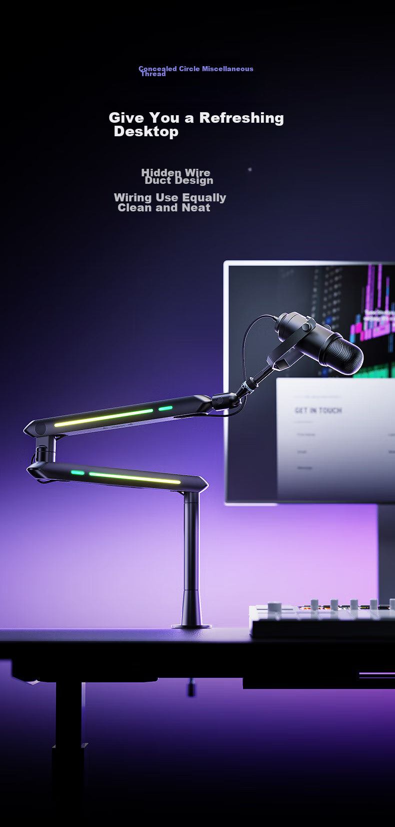 HUMANEX Light-Sensitive Microphone Stand, Suspended Arm Desktop Stand, Live Streaming Speaker, 3KG Load Capacity, Three-Section Foldable Atmosphere RGB Universal Stand, Elegant White 10