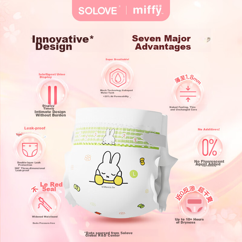 Подгузники Solove Miffy Core Breathable, размер M, 102 шт., для детей 6-11 кг