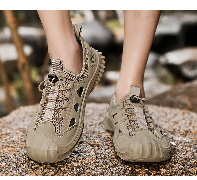 Huili (Warrior) Beach Sandals for Men, Perforated Shoes, Hollow-Out Closed-Toe Beach Shoes, 1018 Khaki Color, Size 43 10