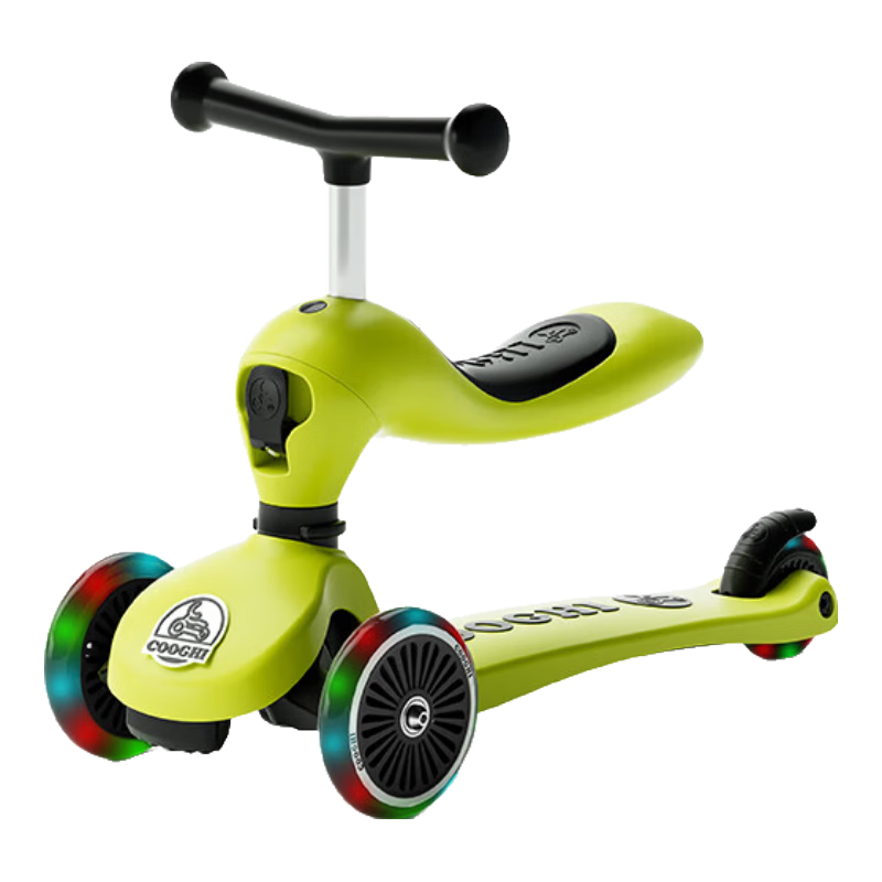 COOGHI Children's Scooter V2 Two-In Multifunctional Kids' Bike with Gravity Steering And Silent Design, Birthday Gift for Ages 1-5, Glow-In Gree